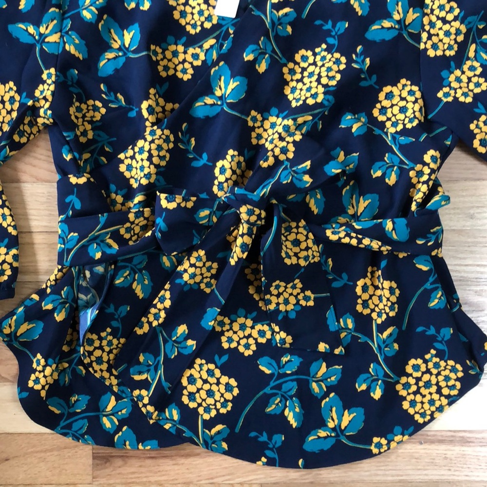 J. Crew Navy Blue Floral Wrap Blouse with Yellow Flowers - Picture 2 of 8